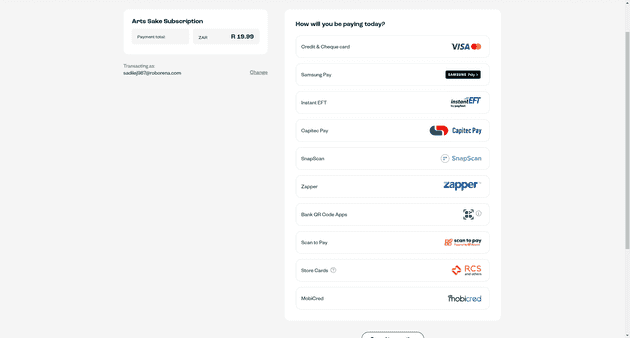 PayFast page where users can process their payment by picking their preffered payment method