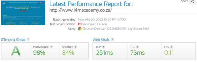 Results of a speed test done on GT Metrix of a clients website, Learning 4 Mastery Academy